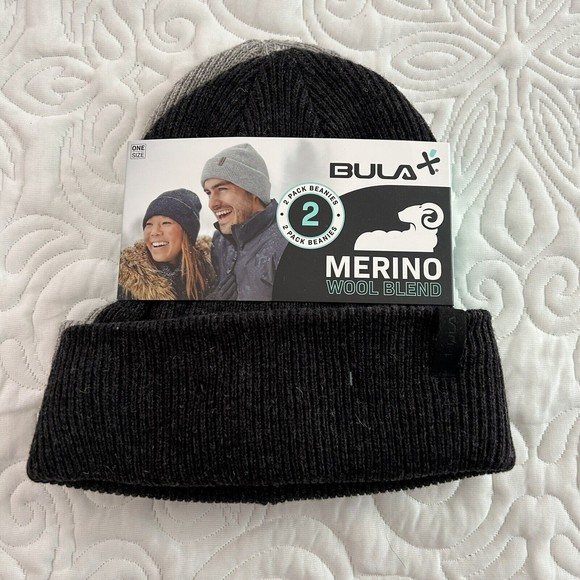 NWT Bula Merino Wool Blend 2 Pack Beanies Unisex One Size Black/Gray - Picture 1 of 1